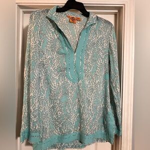 Tory Burch Blue and white coral print cotton long sleeve tunic top
